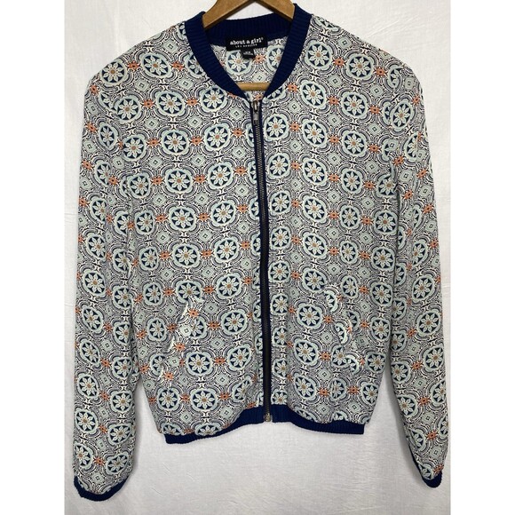 ABOUT A GIRL Jacket Lightweight Zip Floral Geometric Long Sleeve Womens XS Blue - Picture 2 of 12